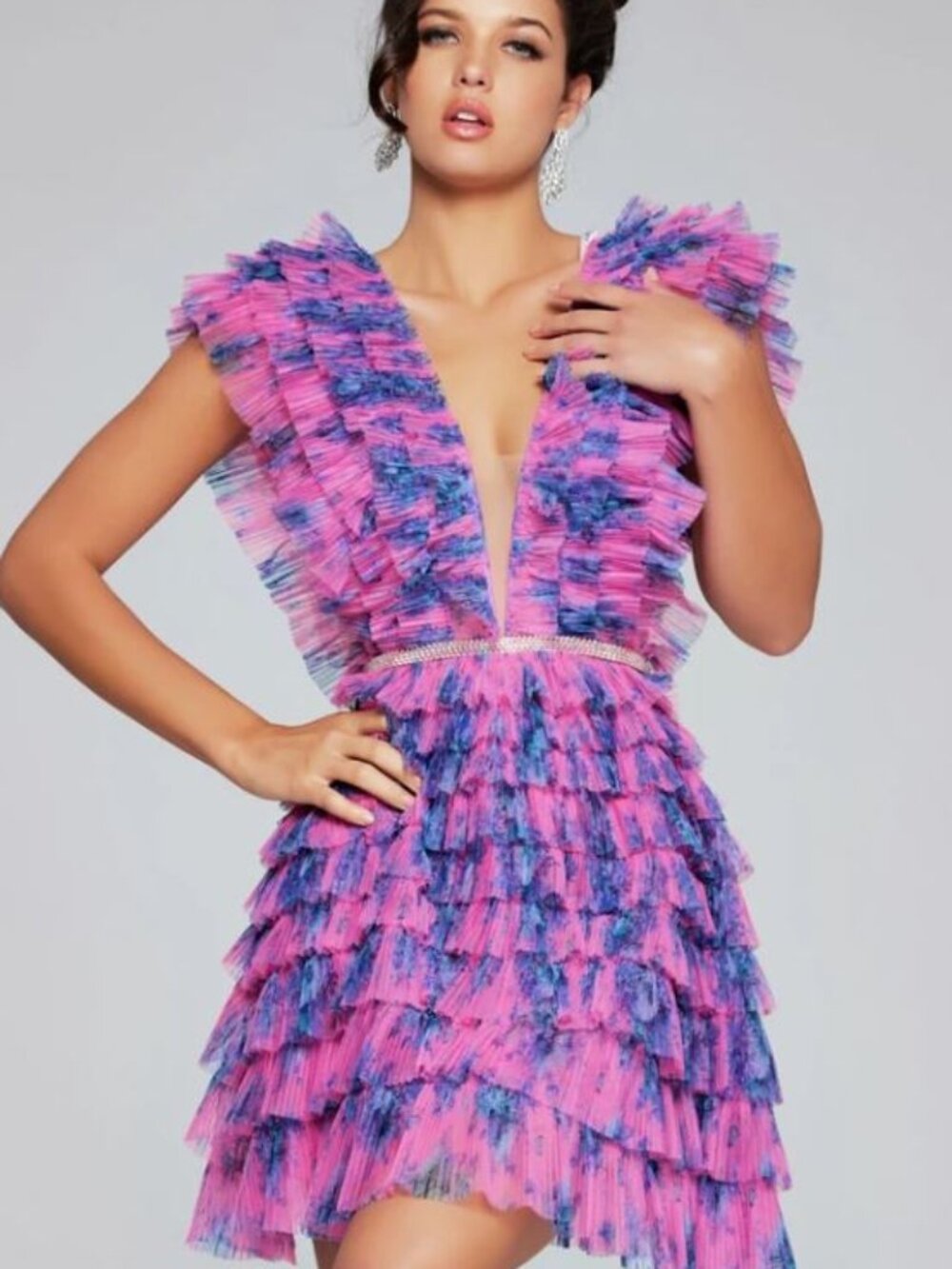 Jovani 50069 Short Homecoming Floral Print Pleated Cocktail Dress